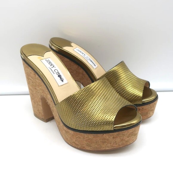 Jimmy Choo Shoes - Jimmy Choo Deedee 125 Cork Platform Sandals Gold Metallic Leather Size 36 NEW
